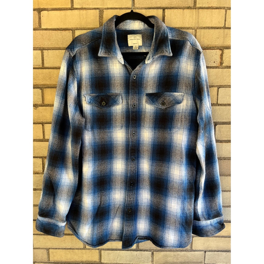American Eagle Plaid Thick Flannel Button Down Shirt Blue White Men's XLT Tall